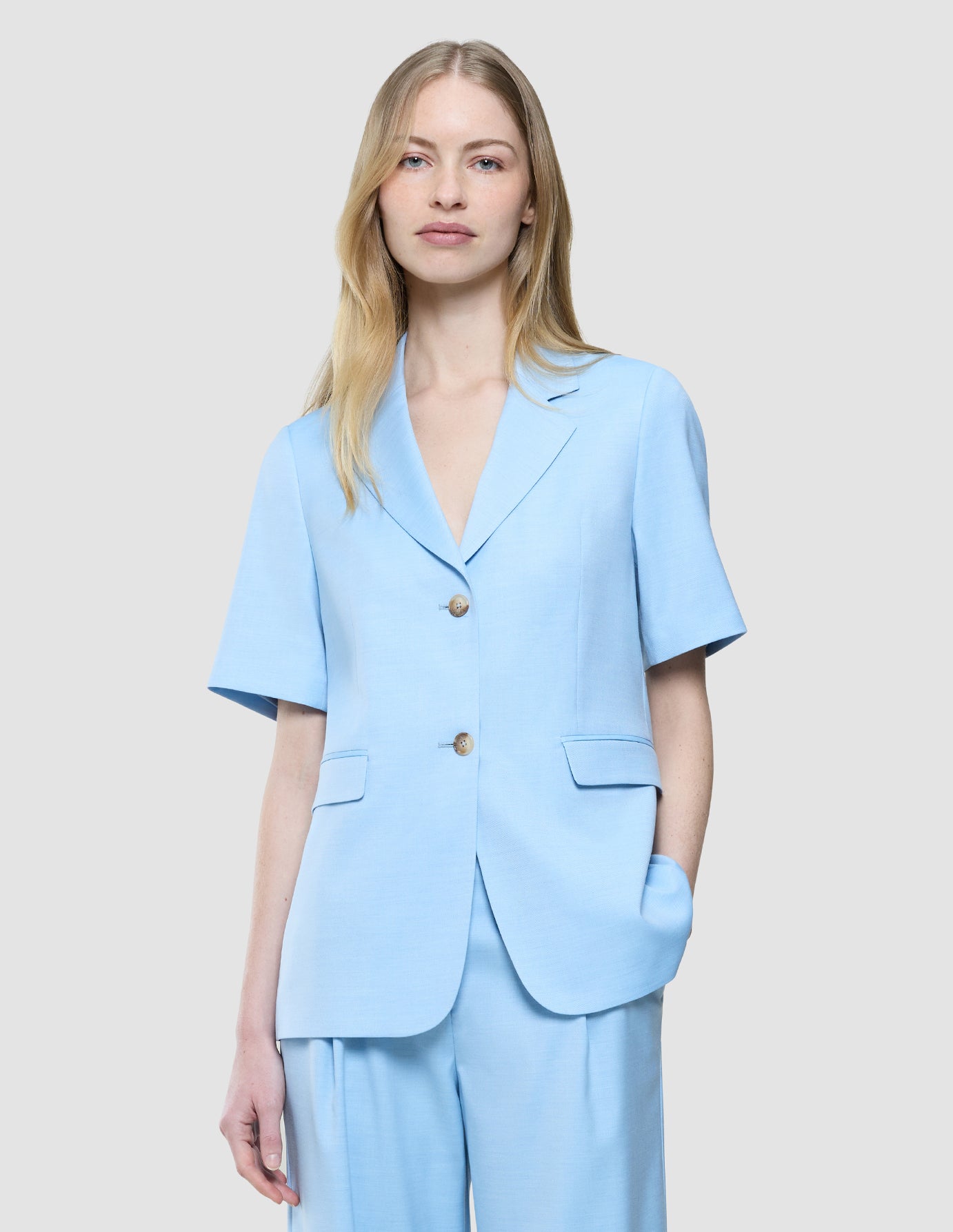 skye set blue haze short sleeved blazer wide pants